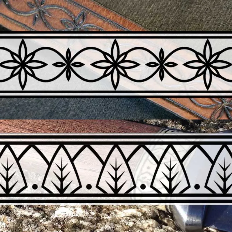 The same two borders shown over leather and wooden objects